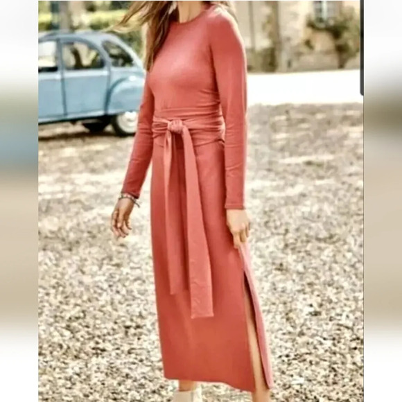 Pure Jill Plus Pima Cotton Brick Red Long Sleeve Crew Wrap Waist Maxi Dress 3X - Picture 1 of 15